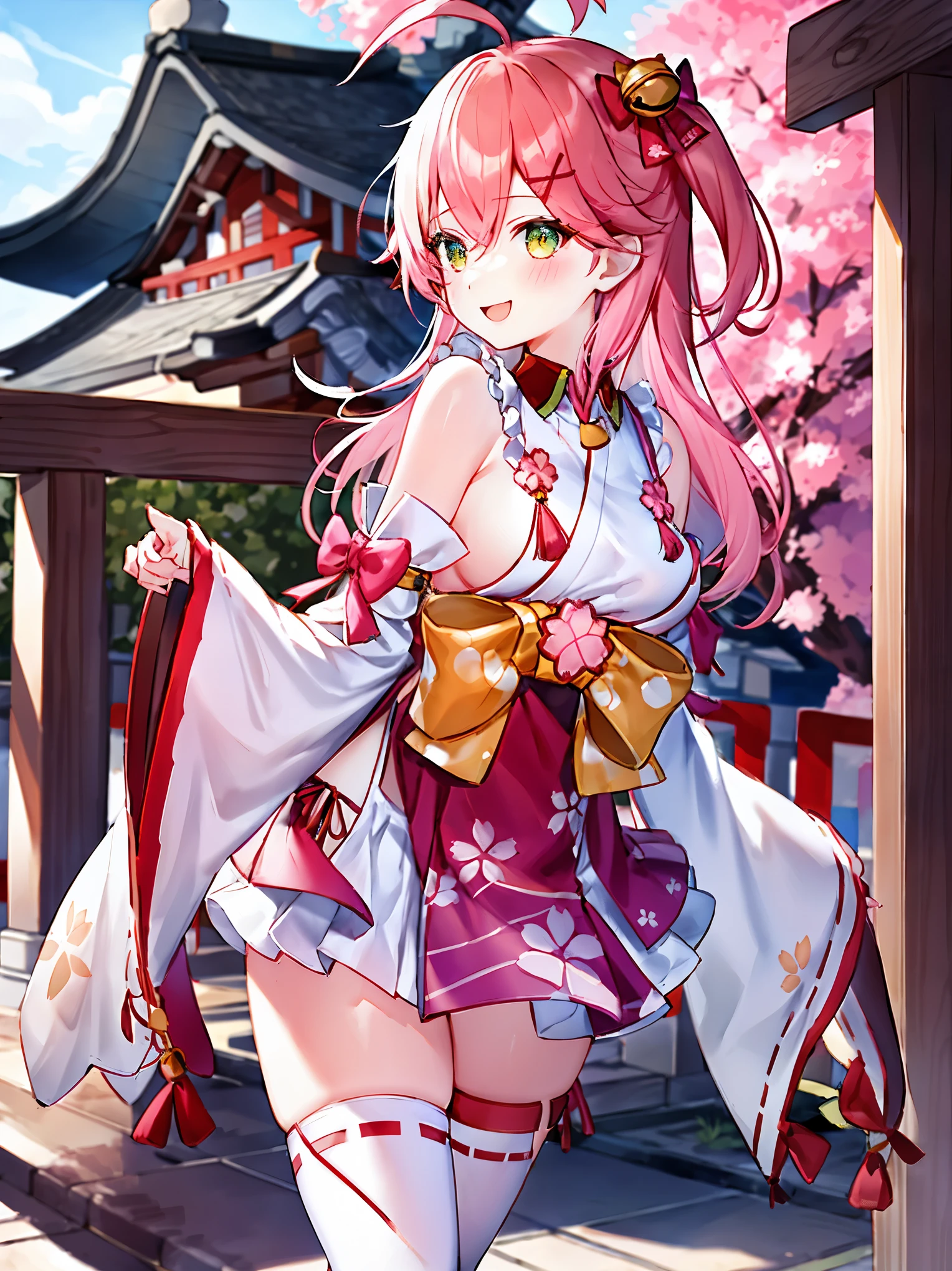 masterpiece, best quality, highres, miko1, sakura_miko, 1girl, big_boobs, solo, ahoge, x_hair_ornament, pink_hair, floral print, hairclip,(side_less_clothes:1.5), (side_boobs:1.5), hair_bell, floral print, long_hair, hair between eyes, one side up, white thighhighs, asymmetrical legwear, wide sleeves, open_mouth,(happy:1.3),gleen_eyes,big_smile,(rise_leg:1.3),plump,apart_legs,(overly_long_sleeves:1.3),),sleeves_past_wrists,hands_hidden_sleeves,sidelock_clothes,dynamic_posing,solo,hidden_wrists,(XD:1.4),covered_nipples,sunlight,cherryblossom_temple_landscape_background,