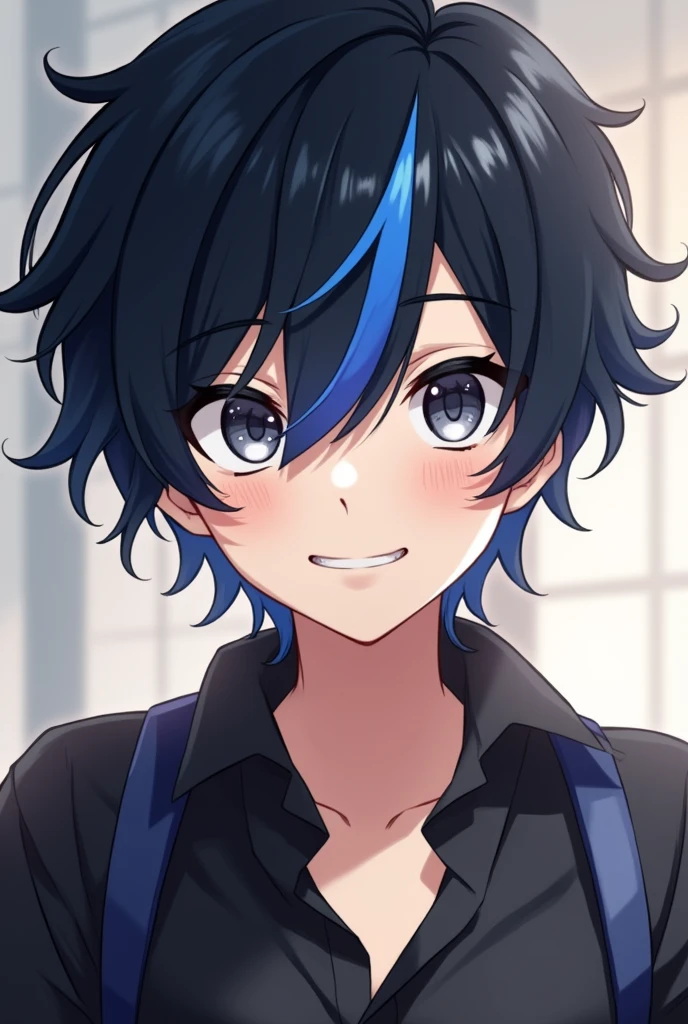 A boy with black hair and blue highlights, Greyish eyes and white skin, His face looks a bit playful, But strong, I work in a bar at night, He is a university student..
It can be 2D or anime.