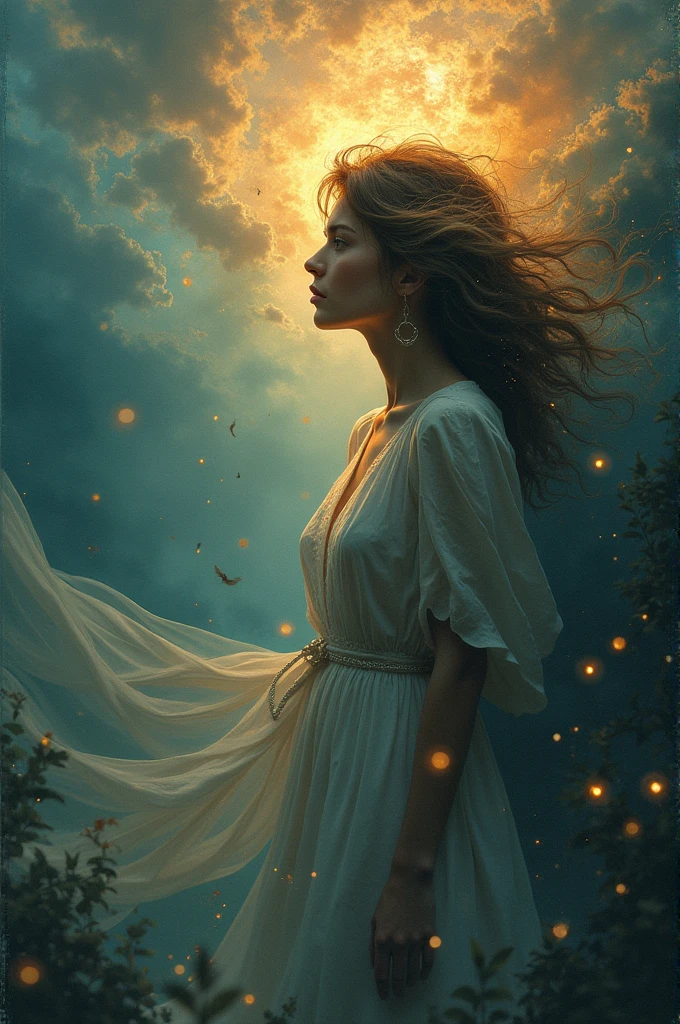 I am the combination of creativity and reality in a painting where I represent the dream of a woman who seeks love within herself. , message love exists in each one of us , real very real , 48k uses the cinematic rule of thirds