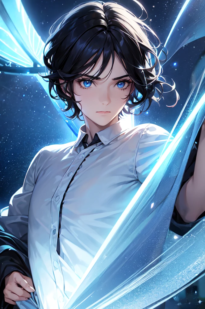 (1male:1.2), blue eyes, wavy black hair, closed mouth, lantern, light particles, wearing shirt, looking at viewer, short hair, night, solo, star \(symbol\), upper body, realistic, absurdres, high res, ultrasharp, masterpiece