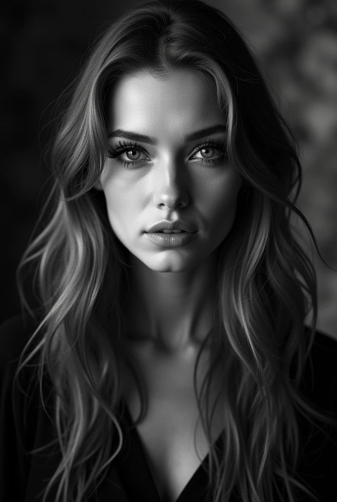 black and white art photography, photographer Annie Leibovitz, portrait of a slavic woman, l long light brown hair, photorealistic,200mm, hd, f/ 2.0, highly detailed, f1.8, portrait, hyperrealistic, super detailed, sunset lighting, high dynamic range, Detailed background, Complex and detailed face, Long eyelashes, Detailed eyes, black eyeliner, (Solo: 1.3),