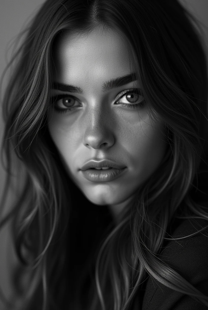 black and white art photography, photographer Annie Leibovitz, portrait of a slavic woman, l long light brown hair, photorealistic,200mm, hd, f/ 2.0, highly detailed, f1.8, portrait, hyperrealistic, super detailed, sunset lighting, high dynamic range, Detailed background, Complex and detailed face, Long eyelashes, Detailed eyes, black eyeliner, (Solo: 1.3),