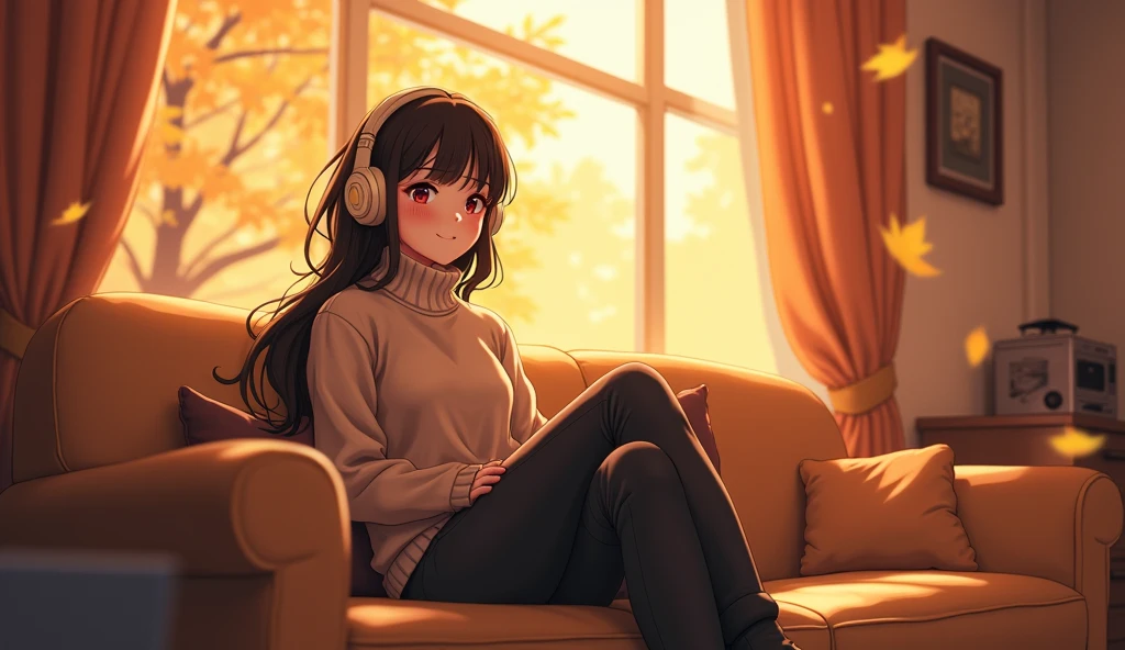 Perfect image, 8k, High school girl listening to music in a cozy room、 Using headphones, 2D-style animation, Lo-Fi,Autumn leaves outside the window、autumn、Sit on the sofa、smile、Retro、Anime style illustrations、Mature atmosphere、Wearing knitwear、Long trousers