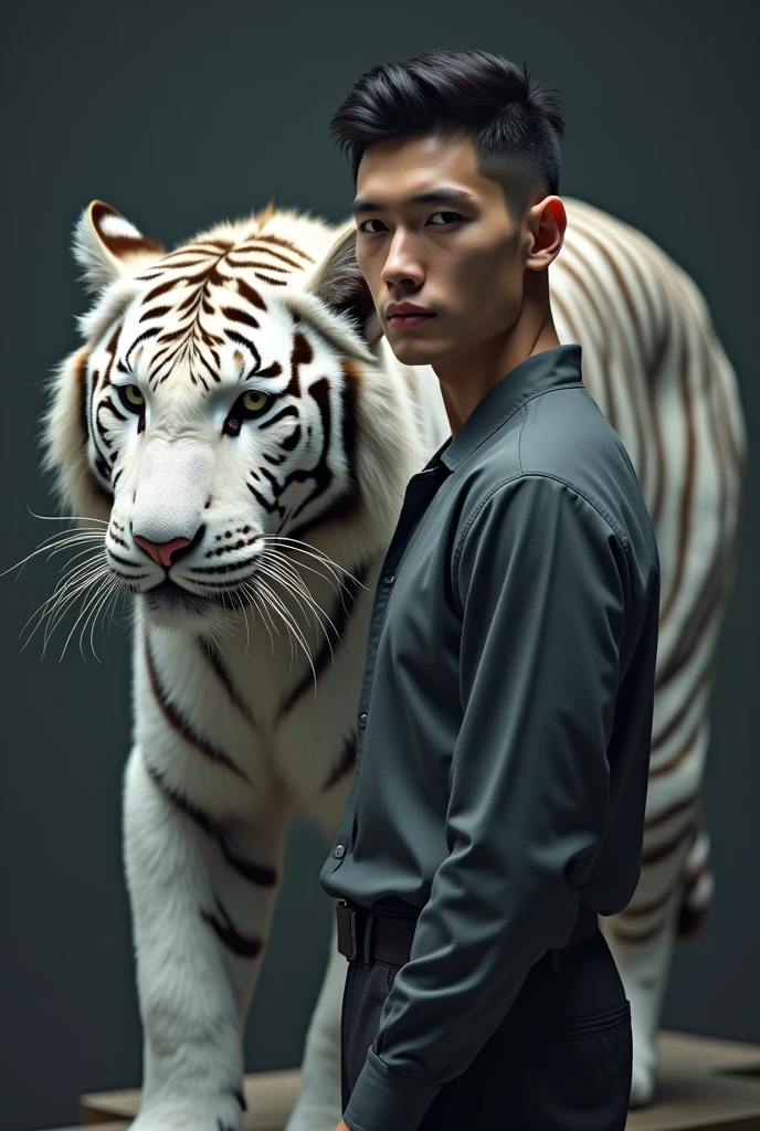 A 25 year old man in black with white skin standing facing forward with neat thin hair and a sturdy body with a white tiger