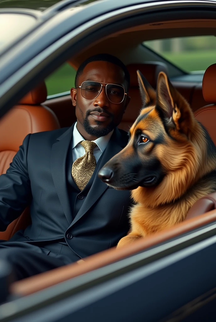 Rich African person with a German shepherd in his car