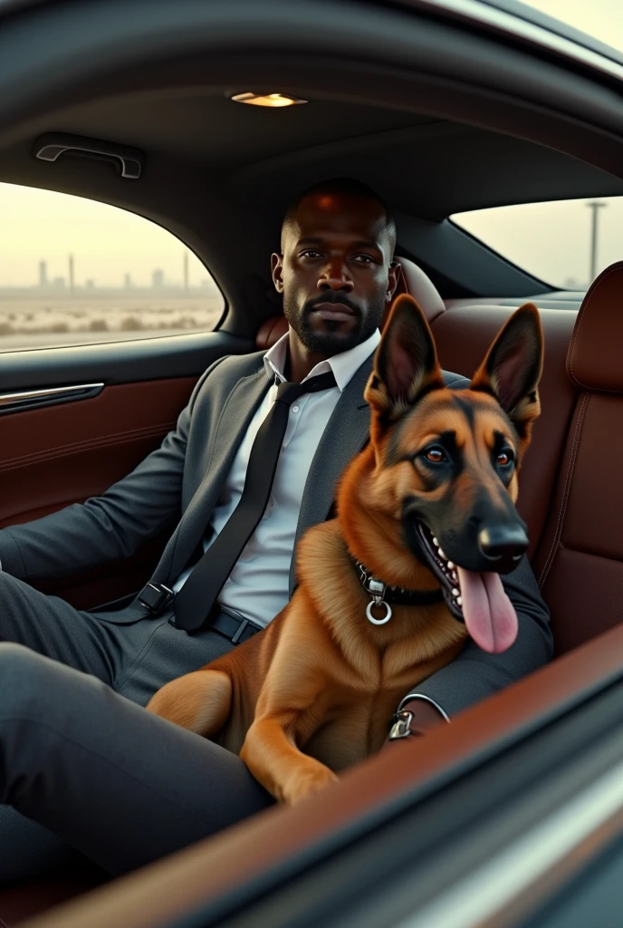 Rich African person with a German shepherd in his car