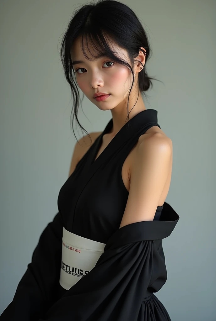 (masterpiece), (Best Quality), (beautiful eyes and face), (perfect female body), (shiny skin), Off the shoulder clothing,close up photography,sports portrait,1 girl, Alone, black fur, short hair, long hair cut, with gray eyes,black kimono, sleeveless, white sash, Black hakama skirt, (long skirt:1.2), neckline