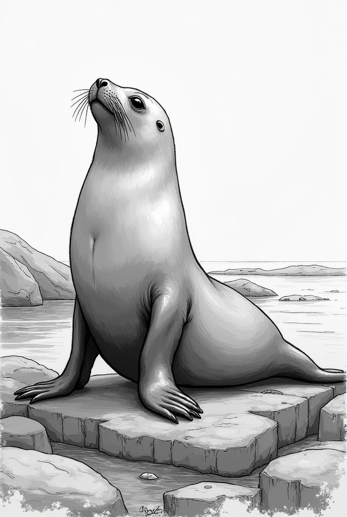 Describing a seal，Crouch on the rocks，There is someone waiting for her behind her.，Line style