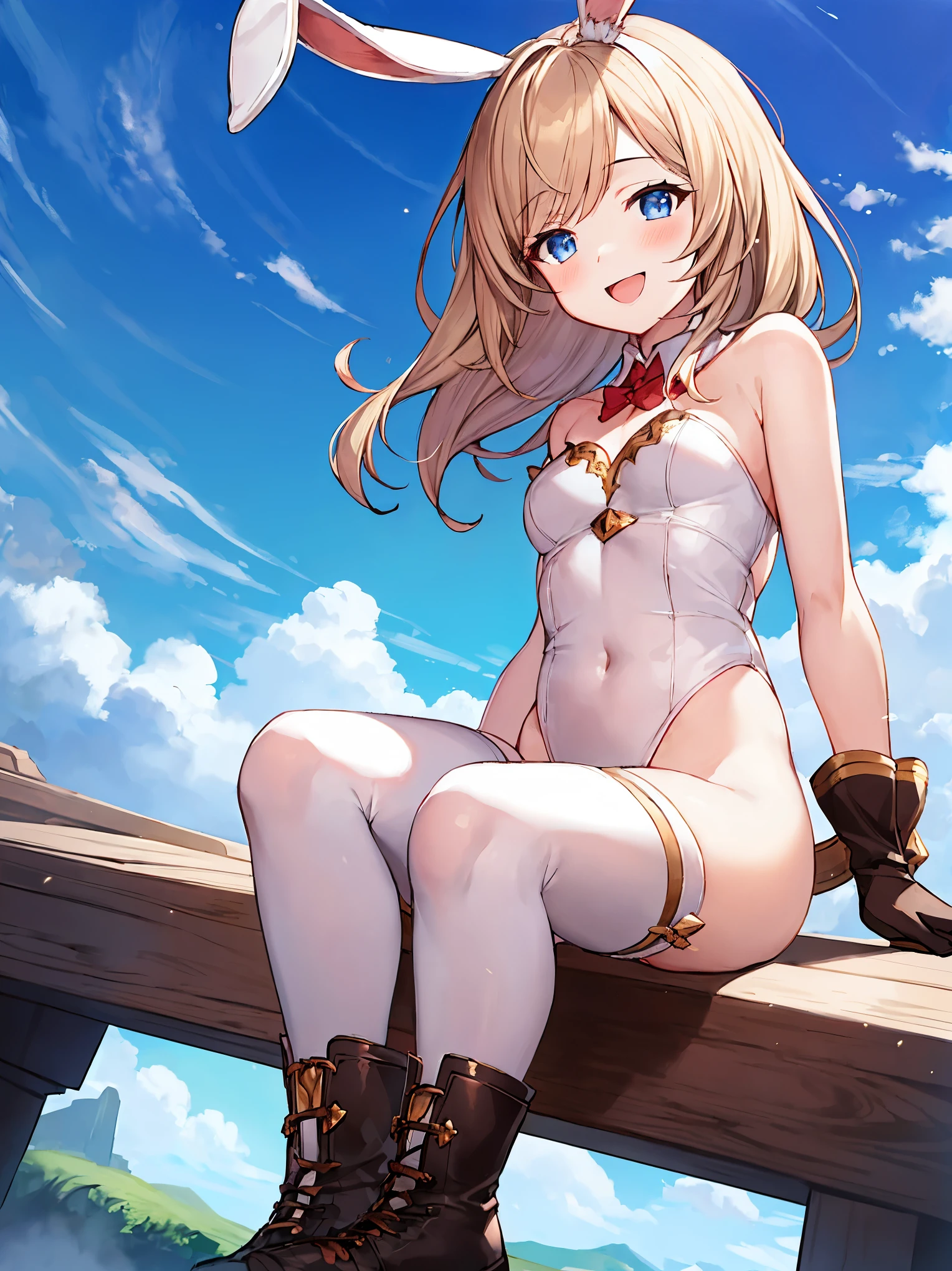 GRANBLUEfantasy,1young_teen_ girl,brown_hair,medium_bob_hair,platina_blond_hair,white_leotard,covered_crotch,thigh-highs,smile,standing,bluesky_landscape_background,slightly_spread_legs,happiness, short_gloves ,solo, r18, navel,relicbuster,short,boots,open_mouth,sitting,knees,blush,shy,bunny_ears