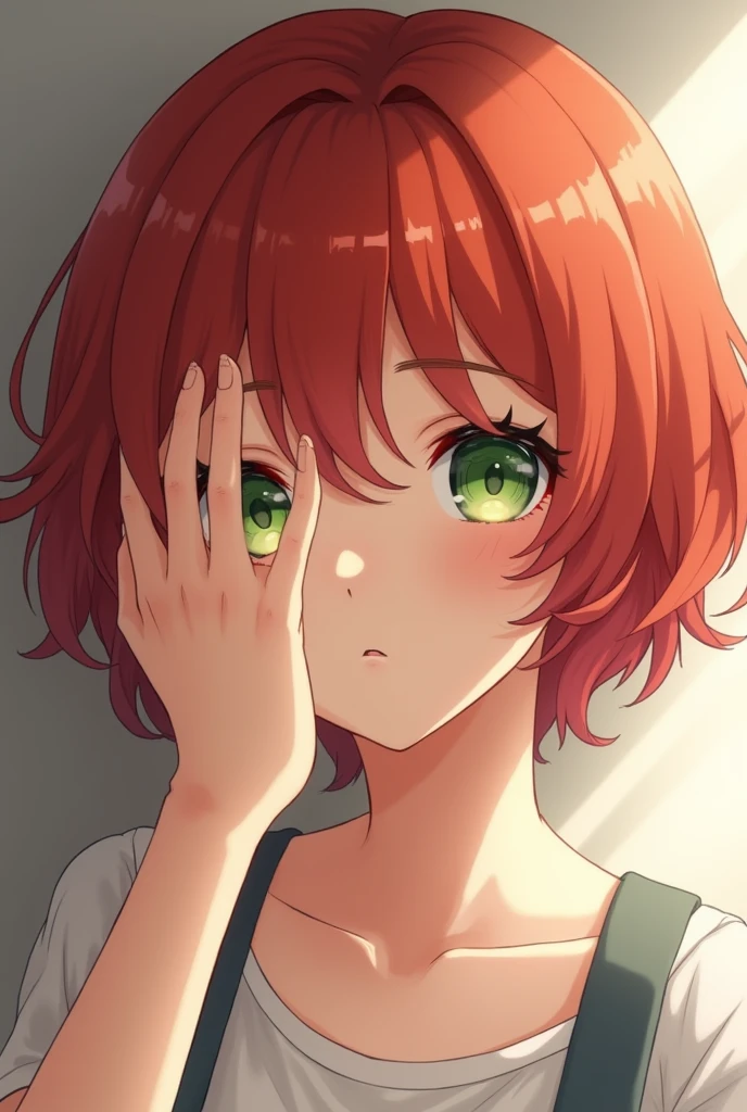 realistic anime youth girl, short wavy red hair, light green eyes with honey undertones, hiding his face on the left side with his hand