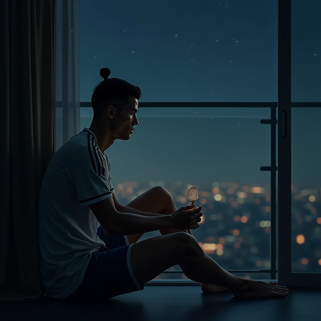 A more reflective scene where Ronaldo, now a global superstar, sits alone, perhaps in a quiet room or a balcony, holding the amulet and contemplating his journey. The night sky with stars can be seen in the background in dall e-3 style