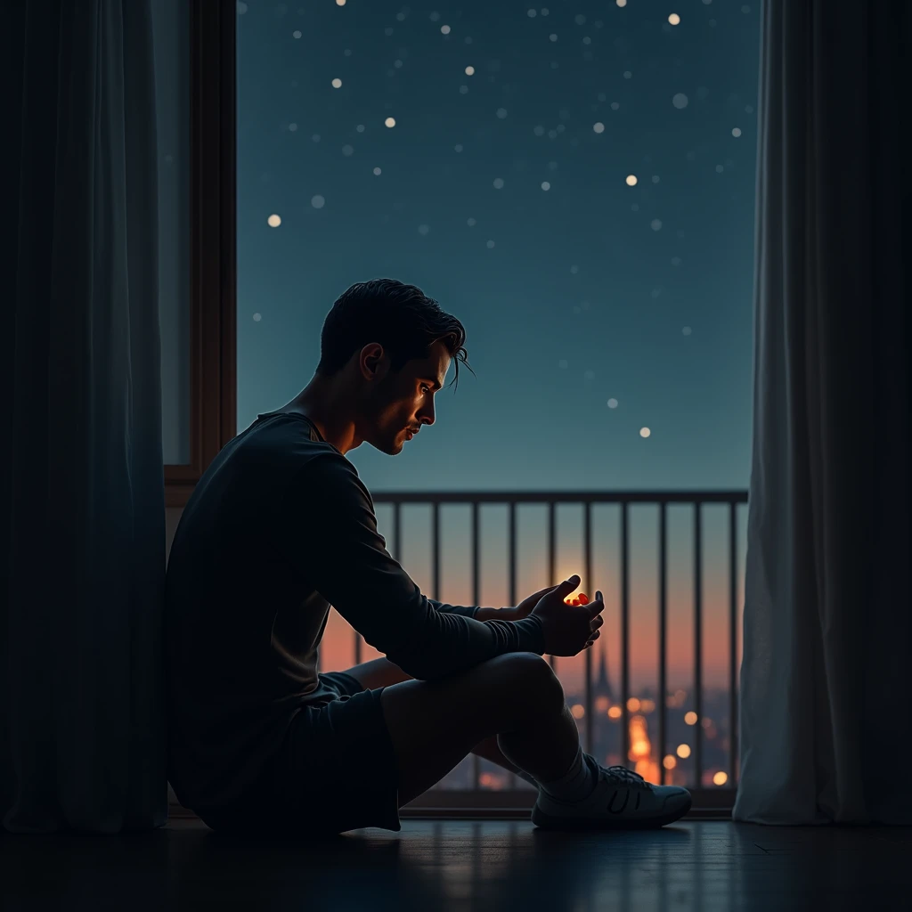 A more reflective scene where Ronaldo, now a global superstar, sits alone, perhaps in a quiet room or a balcony, holding the amulet and contemplating his journey. The night sky with stars can be seen in the background in dall e-3 style 