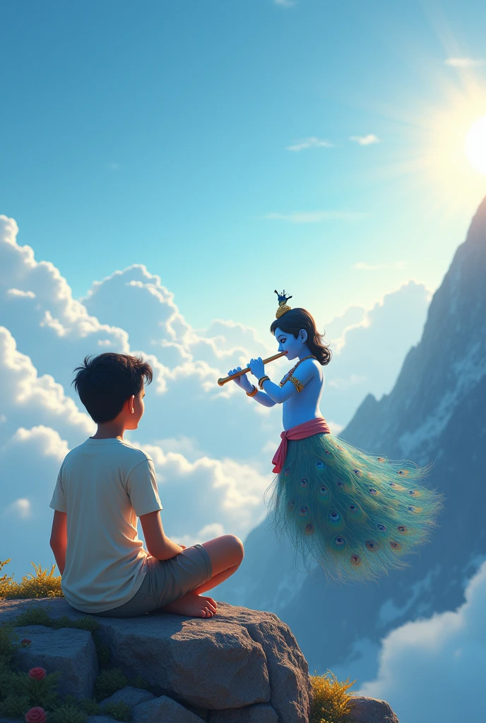 create a 3d image of 20 year old Indian devotional boy who is sitting next to krishna ji and Krishna ji playing the flute, they both sit together on the mountain,boy wearing T-shirt Name "Avinash" written on it, heaven like beautiful view background, peacock dancing,realistic image and boy is in barefoot. "Happy janmashtami"