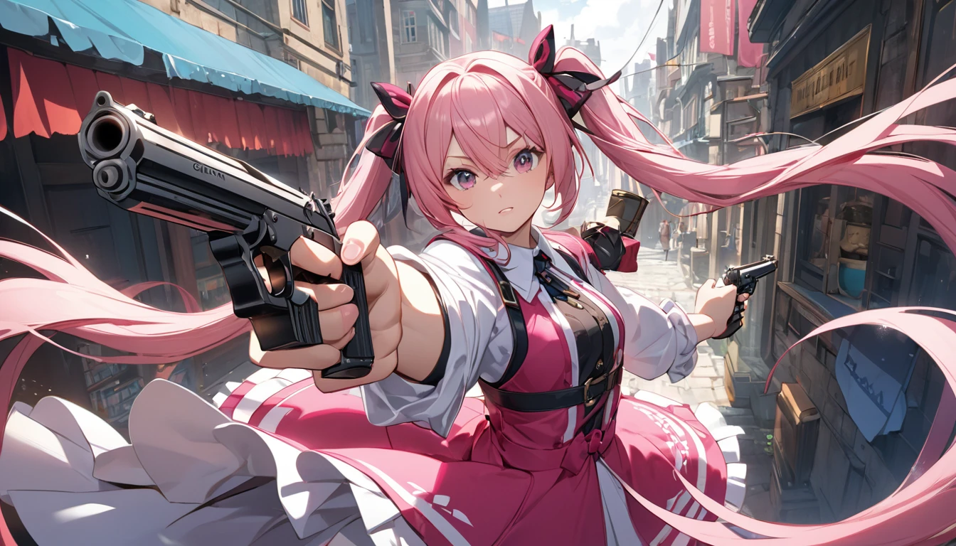 Highest quality,One person,Pink Hair,Twin tails,Different world,Shoot a gun