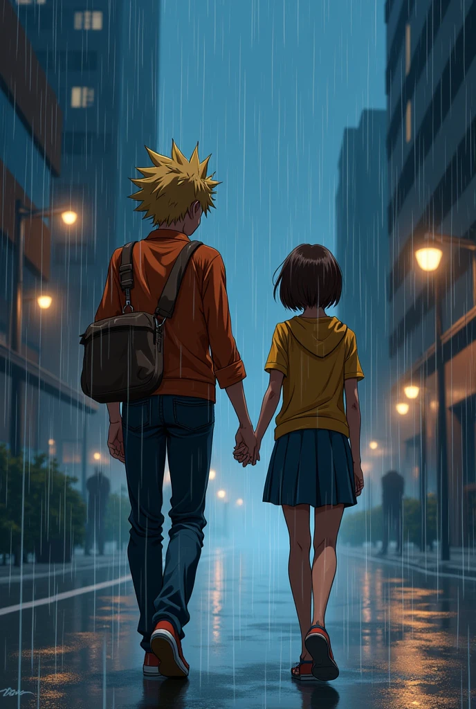 Bakugo katsuki anime with his girlfriend a dark skined short haired of the Color brown holding her hand and walking in the rain