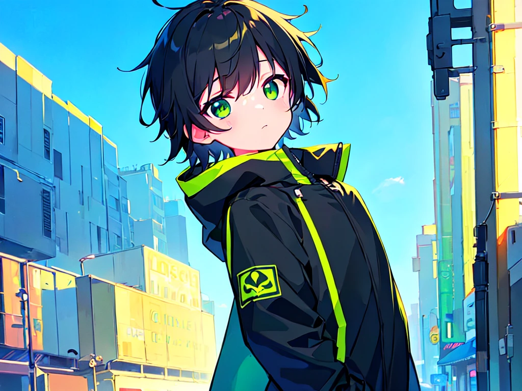 [(CITYPOP BACKGROUND:1.5),::5], (((masterpiece))), high quality, ultra_very_high_resolution, large_filesize, upper body, (green base), full color, ((solo)), ((little boy)), ((black short hair)), green eyes, anime, neon light, black parka,