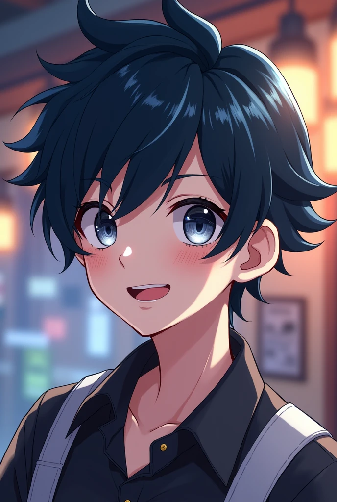 A boy with black hair and blue highlights, Greyish eyes and white skin, His face looks a bit playful, But strong, I work in a bar at night, He is a university student..
It can be 2D or anime.