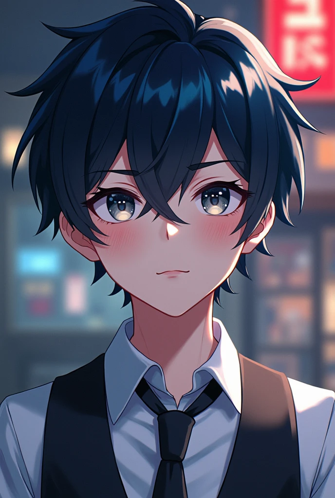 A boy with black hair and blue highlights, Greyish eyes and white skin, His face looks a bit playful, But strong, I work in a bar at night, He is a university student..
It can be 2D or anime.