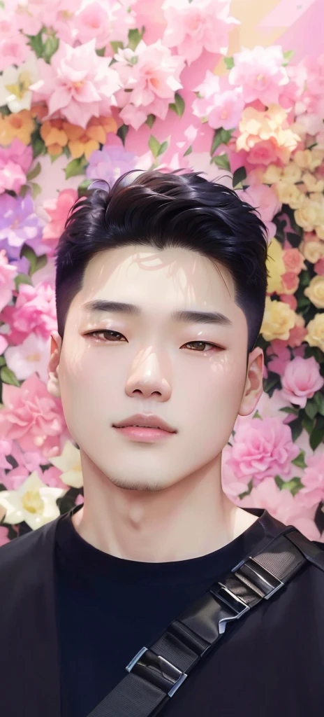 there is a man standing in front of a flower wall, hong june hyung, andy park, yanjun chengt, joongwon charles jeong, hyung tae kim, hyung - tae kim, hyung-tae kim, hyung tae, sangsoo jeong, joongwon jeong, jeongseok lee, south korean male, jinsung lim, jaeyeon nam, taejune kim