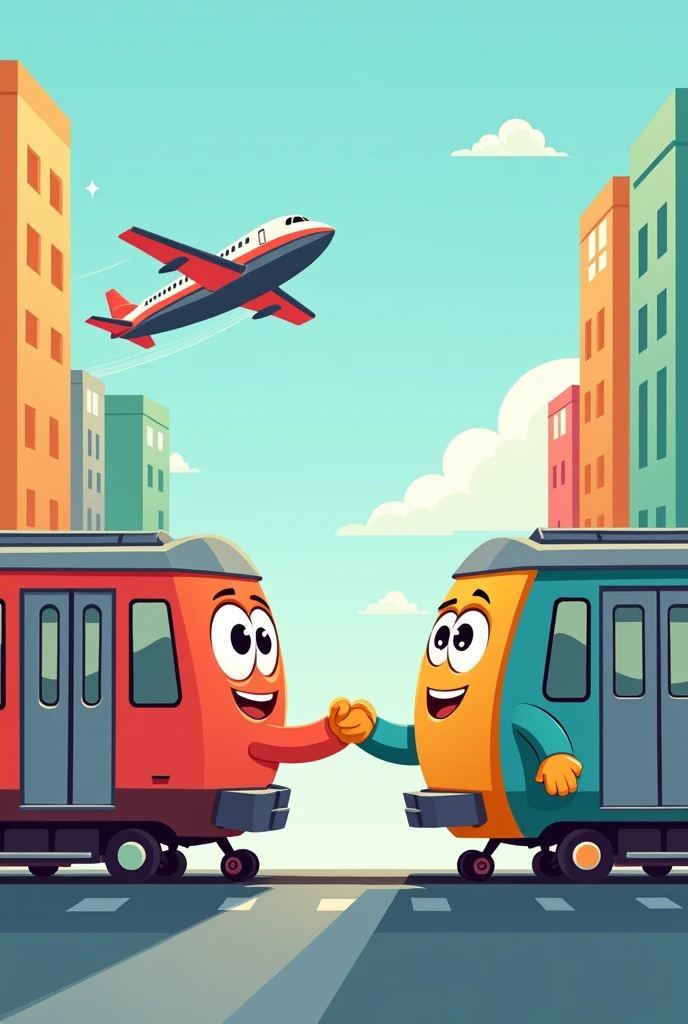 Subway cartoon illustration shaking hands with airplane cartoon illustration