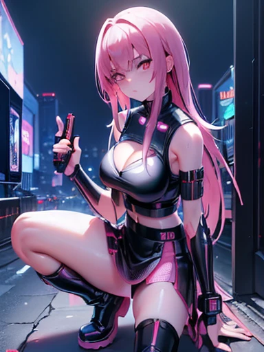 ((Masterpiece)) ((Cyberpunk)) ((Anime 2d)) Close-up 1girl. Mid length hair, pink hair, black highlights. Red eyes. Shining eyes. Big breasts. White vest, pink costume. Black mini skirt. Black boots.Pink cyber sword. City. Scycraper. Night. Neon light.