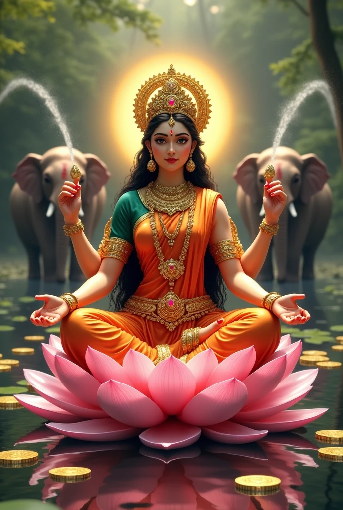 Show Lakshmi, the Hindu goddess of wealth and prosperity, seated on a lotus flower in a serene pond, with golden coins flowing from her hands. She is adorned with elaborate jewelry and a glowing aura, with elephants spraying water in the background as a sign of abundance. —ar 9:16 —s 1000