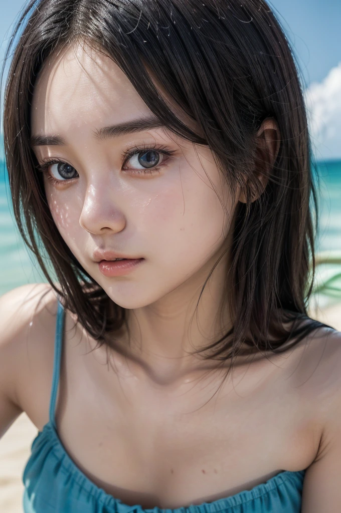 A beautiful Japanese woman with straight black medium-length hair, standing on an Okinawa beach during summer. She is wearing a swimsuit and holding a float, gently blinking under the sunny sky. The scene captures the clear blue waves and the vibrant atmosphere of a bright summer day.
(((High resolution image taken by the world's top professional photographer with SONY α7 III, FE 16-35mm F4 ZA OSS, details. Cute Japanese model idol))) (Actress). The photo is ultra-realistic, with film color grading, detailed features, and film grain. Full body photo. Stunning face. Symmetrical eyes. Natural makeup. Perfect shading. Very detailed. (Masterpiece, highest quality: 1.4). 128k. High resolution. Raw photo. Realistic photo. Glossy skin. Fine skin. Detailed face. Fine eyes. My hair is thin. Detailed background. The photo has a cinematic tone and detailed features, with a touch of film grain to enhance the artistic and textured effect.-- No minimum quality, low quality, normal quality, low resolution.