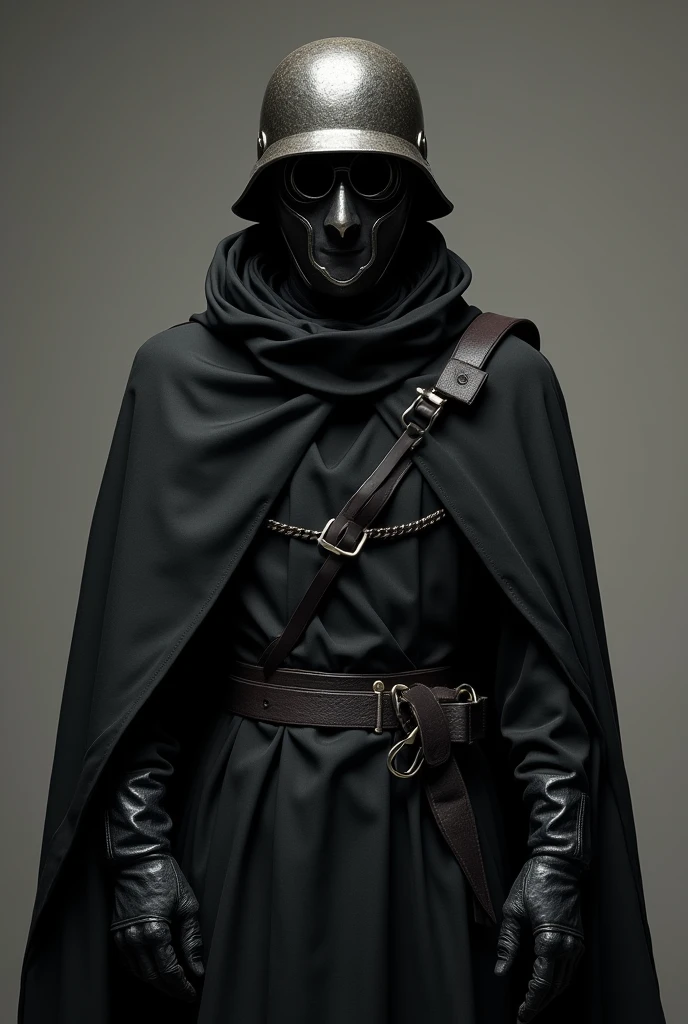 A man wearing a black cloth outfit, his face completely covered by an iron mask with glasses, wearing an M35 helmet, and wearing a sun-protective cloak.
