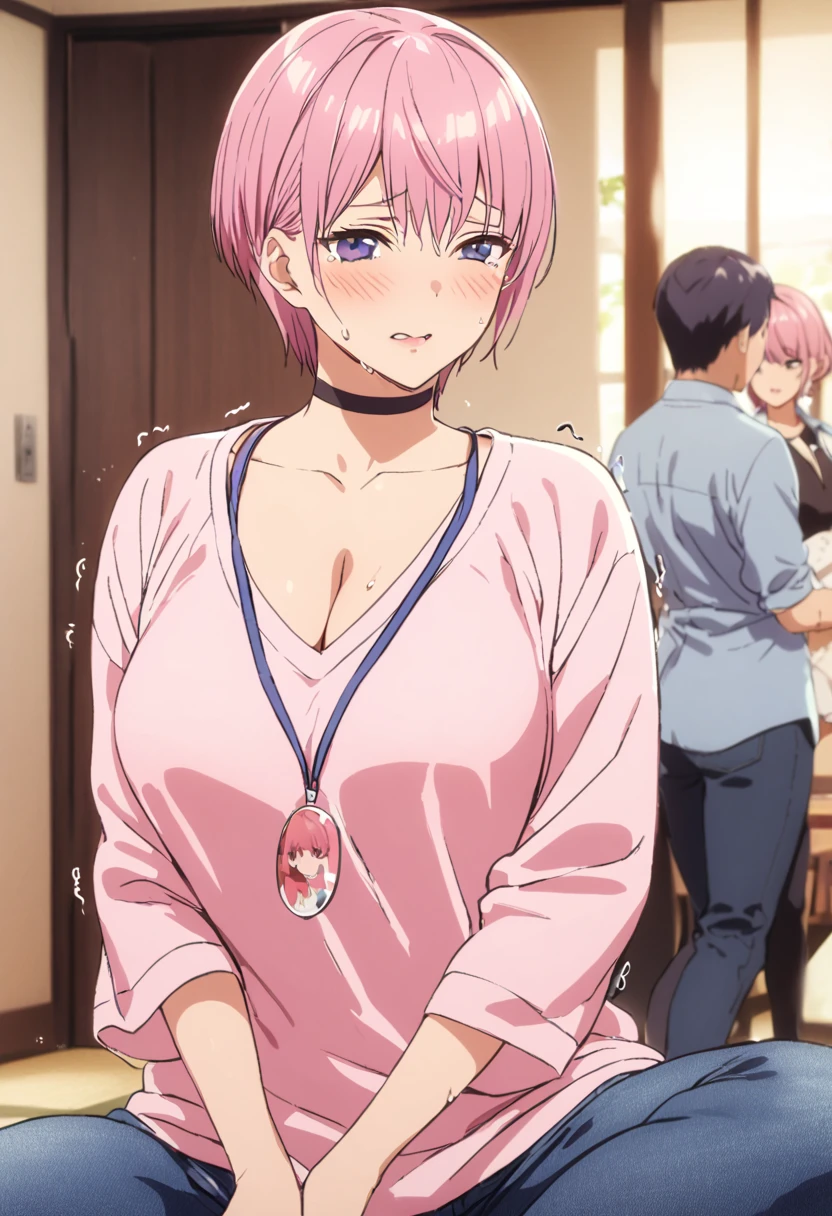 (Highest quality, 4K, 8k, High resolution, masterpiece:1.2), Very detailed, Picturesque, Animated Photography, Photo Animation:1.37)、Japanese schoolgirl、(Pink Hair)、(short hair)、stnding、(pink sheer shirts:1.3), denim, jeans, jewelry, lanyard, mature female, pants, (wedding ring:1.1), (nape,cleavage, collarbone:1.1)、black choker、Ecstasy face、Sweat、Are crying、vapour、trembling、Full body photography、Nakano ichika