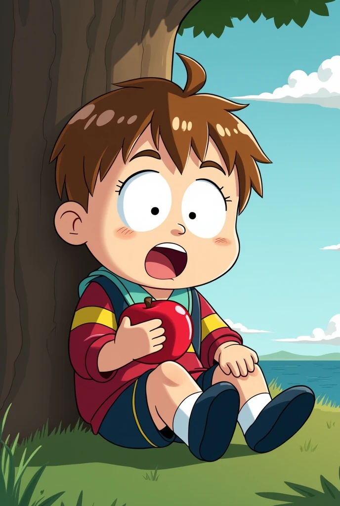 Light brown hair, slightly chubby face, one eye is red and the other is light brown, Eric Cartman is a man , He is a 13 year old boy, His face is excited , Her hair is straight and quite flat, cut around his head without much volume, profile or semi-coastal , with school uniform, normal expression, pose sitting under a tree while crossing his legs holding an apple in his hand
