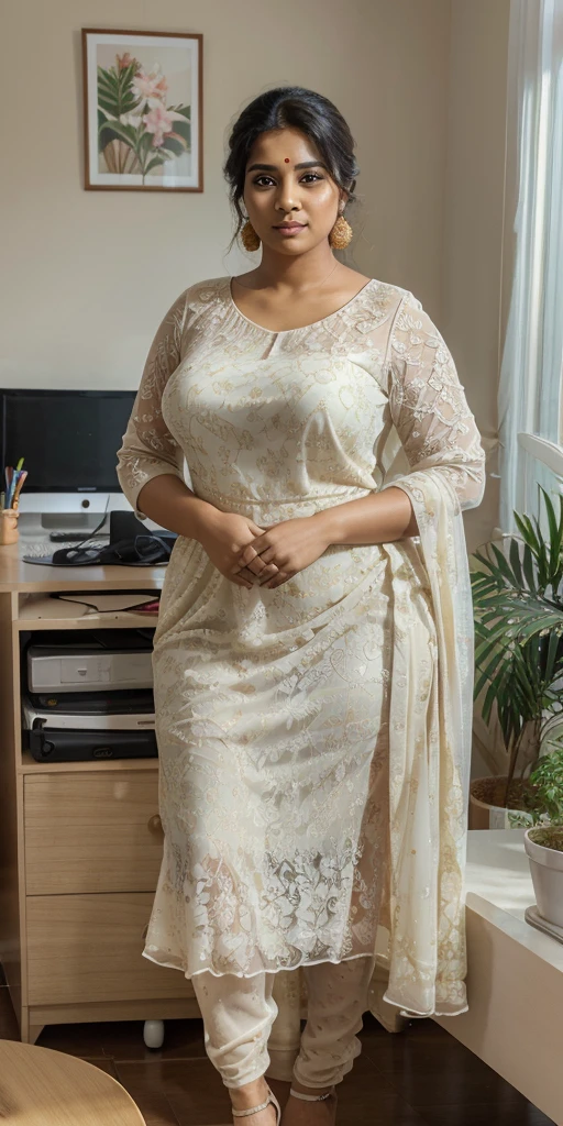 Day scene, A radiant, full-figured South Indian 35 year old aunty a cream colour chiffon gown ,standing, in a office captured in a full-body image with vibrant hues and meticulous details. Full body image