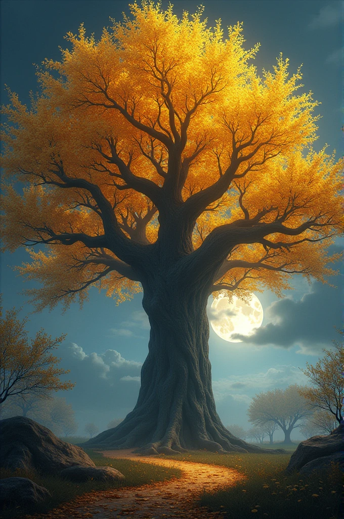 draw a huge tree whose leaves are golden in the night. the branches are shaking with wind.