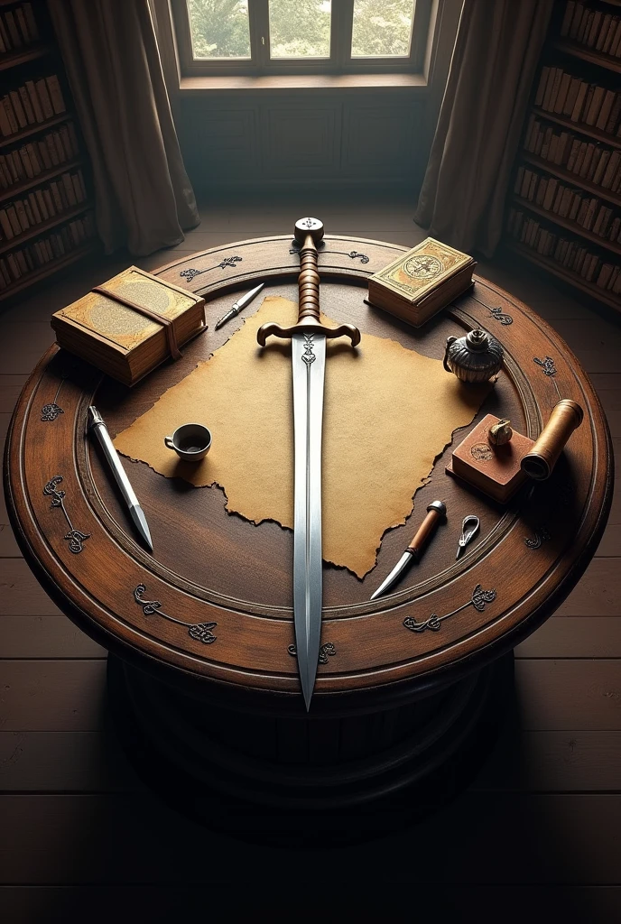 Draw a round table on the table is a sword a knife, a rolled up map and some books