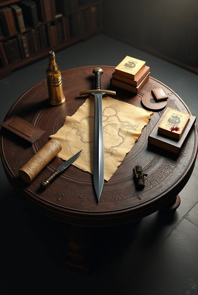 Draw a round table on the table is a sword a knife, a rolled up map and some books