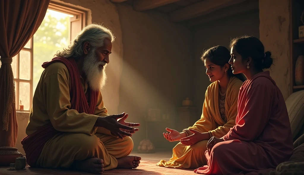 Advice from the village head: Description: Rahul and Meena are sitting in front of the village chief. The chief looked at them with a serious face, giving some explanation. Location: Village house interior. Expression: Serious and cautious.