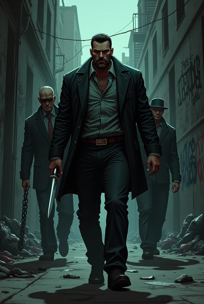 **Scene 2: The Gang Approaching**
   - *Prompt*: Three menacing gangsters approach down the alley. The leader, a burly man with a scar across his cheek, is at the forefront, holding a knife that glints ominously in the low light. Behind him, a wiry thug holds a heavy chain, while the third gangster looks nervous. The alley is littered with trash, with graffiti on the walls.