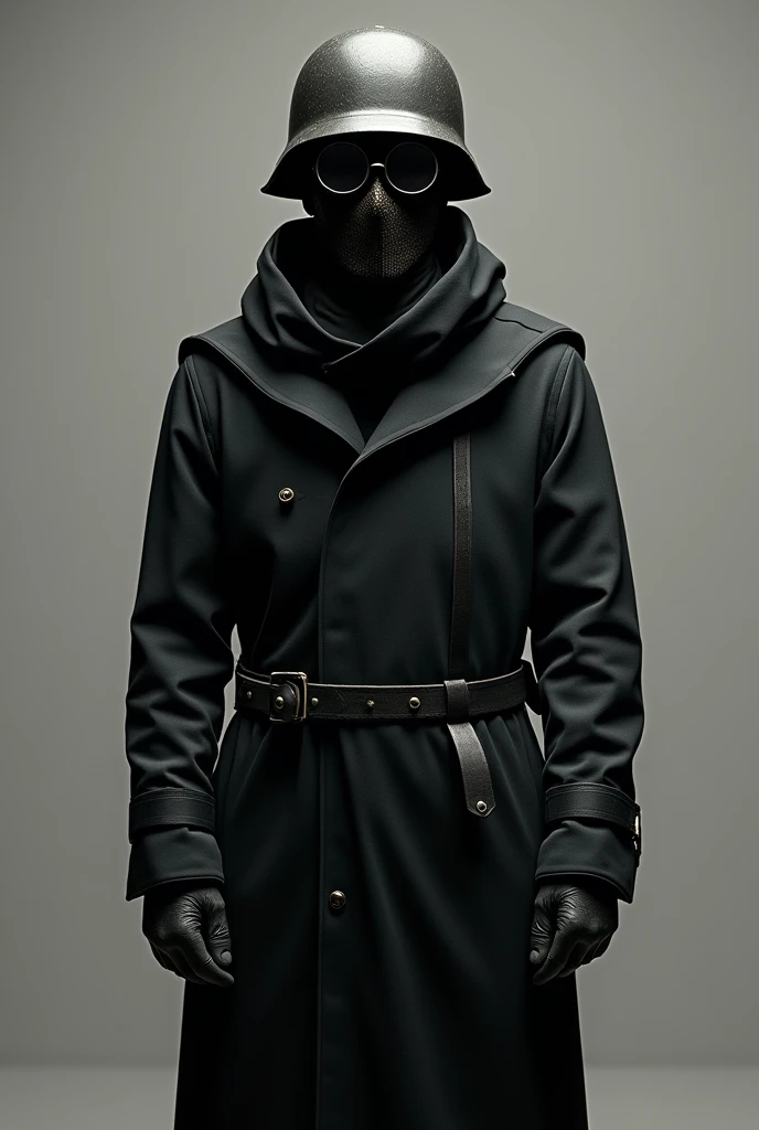 A man wearing a black cloth outfit, his face completely covered by an iron mask with glasses, wearing an M35 helmet, and wearing a sun-protective cloak.
