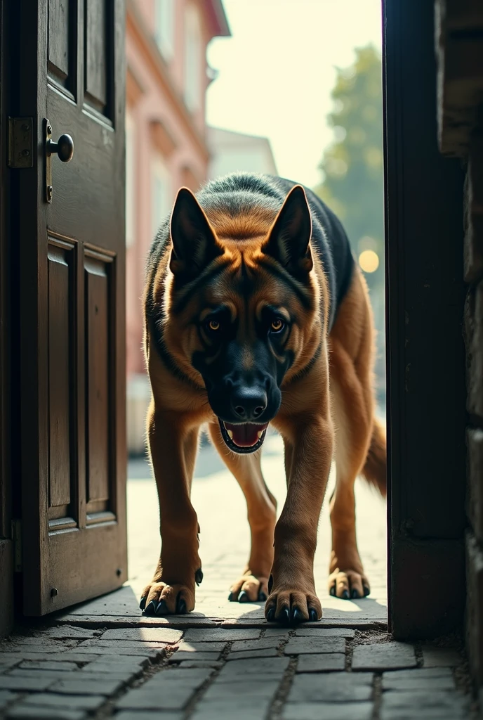 Door opened to allow German shepherd bite those walking on foot
