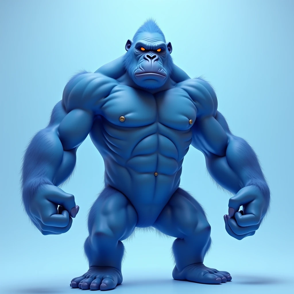 like blue gorilla, light blue background, noble, standing, angry, sideways, hairless, human-like appearance, standing straight, arms at sides, human gorilla mix 