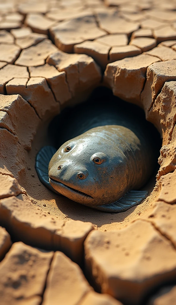 Create an image of a lungfish burrowed into the ground, surviving without wat 4k