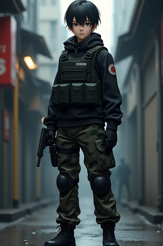Male, Anime, 16-year old, black hair, faired skin, emotionless look, black tactical boots, black camo-pattern pants, black long-sleeved shirt, black kevlar vest, black knee pads,