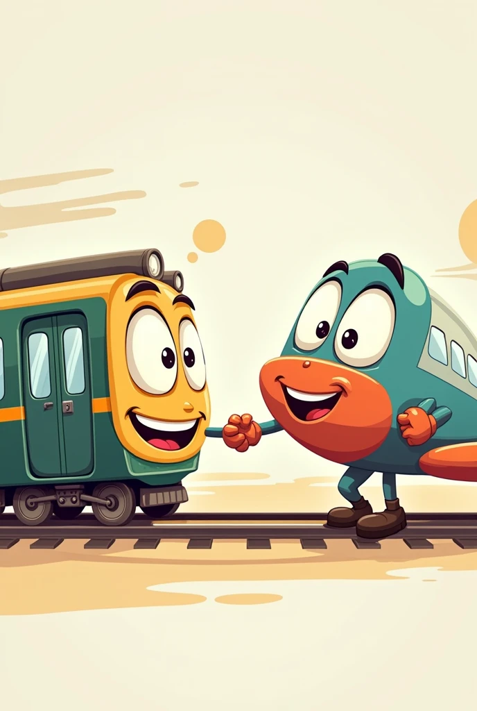 Subway cartoon character portrait shaking hands with airplane cartoon character portrait
