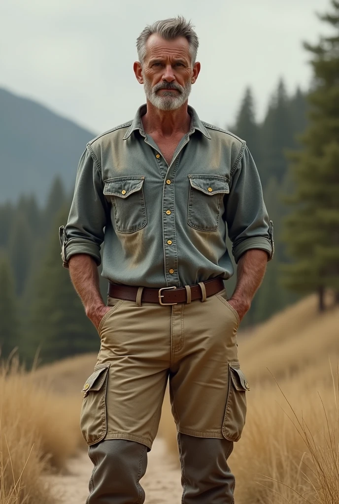 A man wearing beige cargo pants and a grey jeans shirt