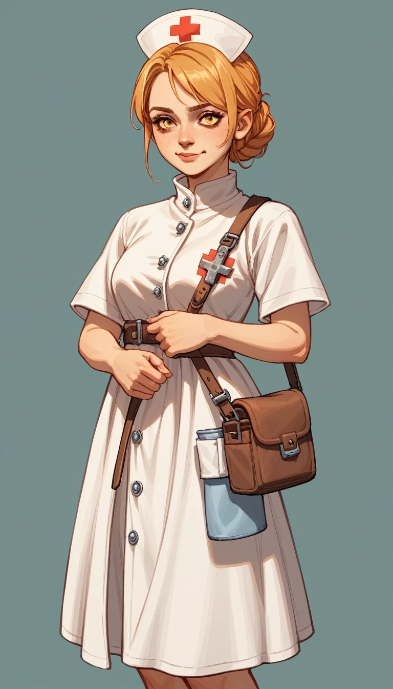 score_9, score_8_up, score_7_up, score_6_up, score_5_up, score_4_up, BREAK source_furry, rating_safety,
Gnome, small human, female, short height, golden eyes, (smiled face expression), (holding medical pouch), short plump body, medieval fantasy nurse clothes, medieval fantasy nurse top and bottom, robe, solo, simple background
