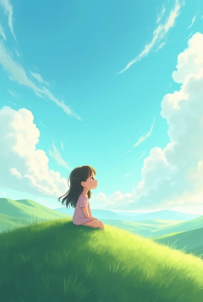 A girl sat on hill look at the sky , clouds, fogg , sitting in green grass  , animation look beautiful , look real nature 