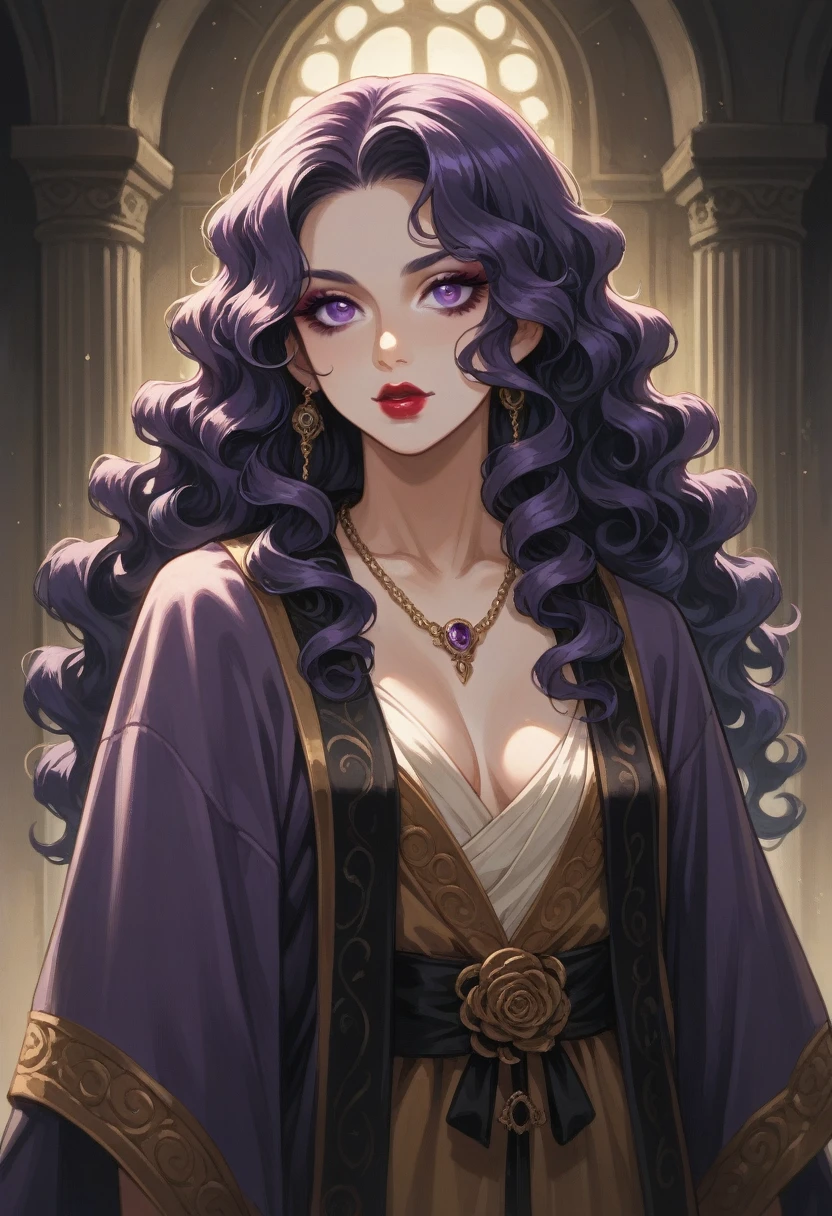 pale skin, violet eyes, perfect skin, fair skin, (solo), long curly hair, silvery hair, curly, makeup, create an image of a fantasy character wearing a fantasy robe, makeup, lipstick, necklace, character in the middle, standing, (well-proportioned curves)