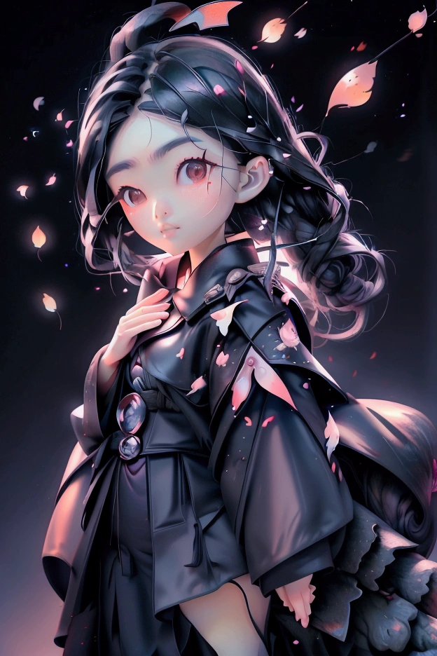 (Highest quality, masterpiece),(One person, Shrine maiden, coat, expression, Iris, Look ahead ,Black Hair, walk, Upper Body), (Night maze sky, Huge old tree behind, Shiny pink petals fall behind, The shrine behind, Mountain Background, Blowing Wind, meteor cloud)high resolution、Ultra delicate、Big eyes、beautiful