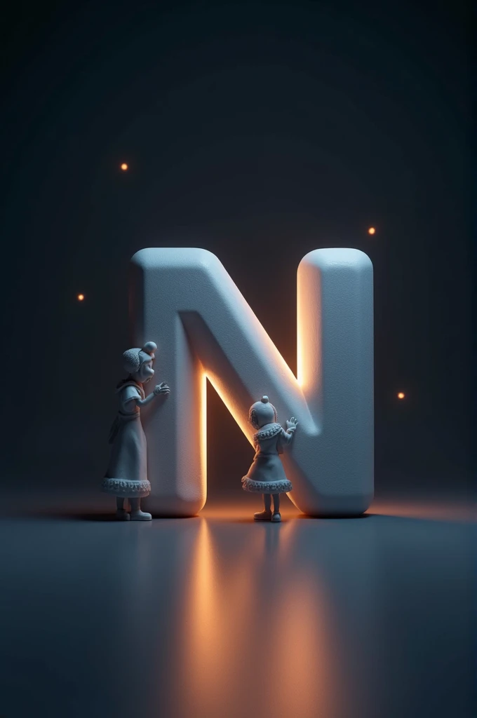 The background should be a dark gradient to keep the focus on the letter and the person. Ensure that the lighting gives a soft glow to the edges of the N
3D letter and casts subtle shadows