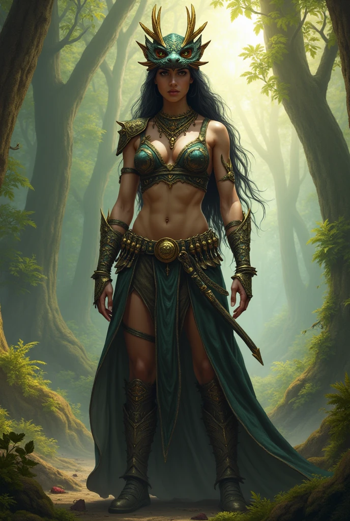 fantasy priestess woman-amazon with dragon’s mask on her head