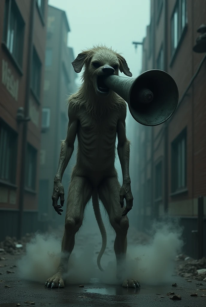 Creepy headless dog with megaphone instead